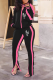 Rose Red Black Casual Print Slit Zipper Collar Long Sleeve Two Pieces