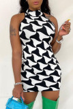 Black White Sexy Plaid Print Patchwork Half A Turtleneck Pencil Skirt Dresses