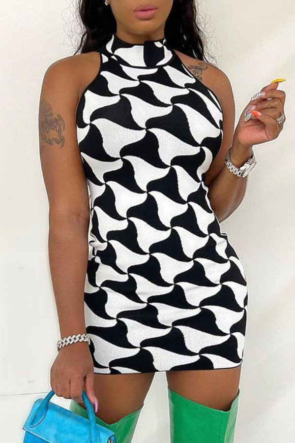 Black White Sexy Plaid Print Patchwork Half A Turtleneck Pencil Skirt Dresses