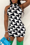 Black White Sexy Plaid Print Patchwork Half A Turtleneck Pencil Skirt Dresses