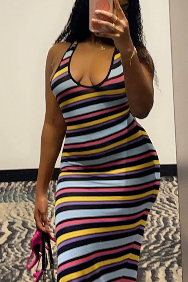 Colour Sexy Striped Patchwork U Neck Pencil Skirt Dresses
