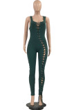 Burgundy Sexy Casual Solid Bandage Hollowed Out U Neck Skinny Jumpsuits