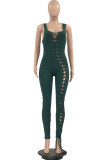 Black Sexy Casual Solid Bandage Hollowed Out U Neck Skinny Jumpsuits