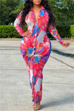 Pink Fashion Casual Print Patchwork Turndown Collar Long Sleeve Dresses