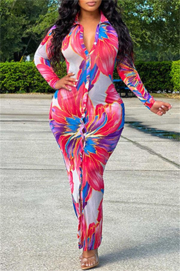 Pink Fashion Casual Print Patchwork Turndown Collar Long Sleeve Dresses