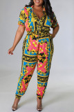 Multicolor Fashion Casual Not Positioning Printed Patchwork Zipper Collar Regular Jumpsuits