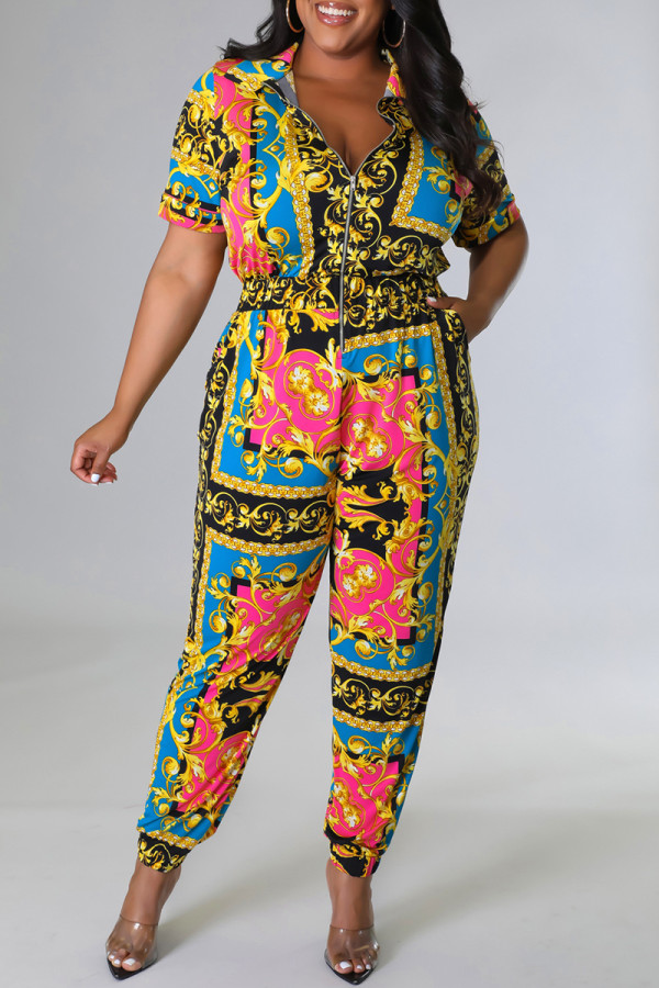 Multicolor Fashion Casual Not Positioning Printed Patchwork Zipper Collar Regular Jumpsuits