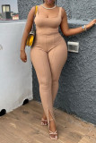 Khaki Sexy Casual Solid Backless Slit U Neck Sleeveless Two Pieces