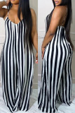 Black White Fashion Casual Striped Print Backless Spaghetti Strap Regular Jumpsuits