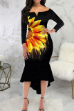 Black Red Sexy Print Patchwork Off the Shoulder Trumpet Mermaid Dresses