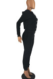 Black Casual Sportswear Solid Patchwork Buckle Hooded Collar Long Sleeve Two Pieces