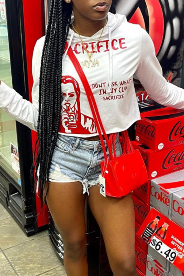 White Fashion Street Print Pullovers Hooded Collar Tops