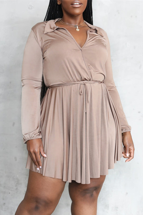Bare Color Fashion Casual Solid Patchwork V Neck Long Sleeve Dresses