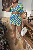 Blue Sexy Print Patchwork V Neck Short Sleeve Two Pieces