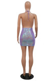Purple Fashion Sexy Patchwork Bandage Sequins Backless Halter Sleeveless Dress