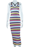 Colour Sexy Striped Patchwork U Neck Pencil Skirt Dresses
