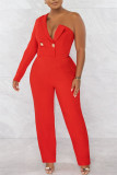 Red Fashion Casual Solid Patchwork Backless V Neck Long Sleeve Two Pieces