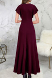 Burgundy Elegant Solid Patchwork Flounce Asymmetrical V Neck Straight Dresses