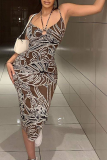 Brown Sexy Print Patchwork Halter Pencil Skirt Dresses