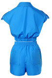 Blue Fashion Casual Solid Patchwork Turndown Collar Short Sleeve Two Pieces