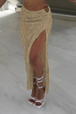 Khaki Sexy Solid High Opening Skinny Mid Waist Pencil Solid Color Bottoms