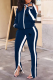 Dark Blue Casual Print Slit Zipper Collar Long Sleeve Two Pieces