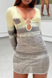 Grey Sexy Print Patchwork U Neck Pencil Skirt Dresses