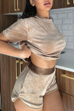 Gold Casual Solid Patchwork O Neck Short Sleeve Two Pieces