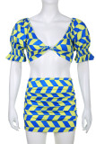 Blue Sexy Print Patchwork V Neck Short Sleeve Two Pieces