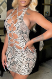 Snake Print Sexy Animal Print Patchwork Halter Pencil Skirt Dresses