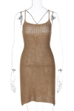 Brownness Sexy Solid Patchwork Spaghetti Strap Pencil Skirt Dresses