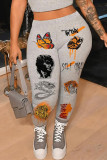 Grey Fashion Casual Party Print Backless Halter Sleeveless Two Pieces