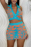 Blue Sexy Print Patchwork Buckle Turndown Collar Sleeveless Two Pieces