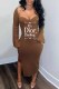 Dark Brown Fashion Sexy Print Slit Letter Square Collar One Step Skirt Dresses
