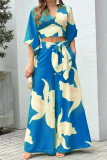 Blue Casual Print Patchwork V Neck Three Quarter Two Pieces