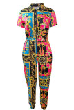 Multicolor Fashion Casual Not Positioning Printed Patchwork Zipper Collar Regular Jumpsuits