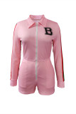 Pink Fashion Casual Letter Print Patchwork Zipper Collar Regular Romper