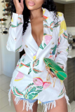 White Fashion Print Turn-back Collar Outerwear
