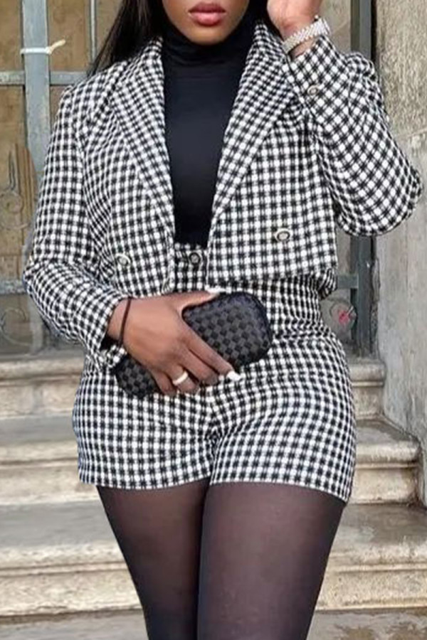 Black Fashion Casual Plaid Print Cardigan Turn-back Collar Long Sleeve Two Pieces