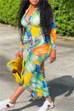 Pink Fashion Casual Print Patchwork Turndown Collar Long Sleeve Dresses