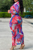 Pink Fashion Casual Print Patchwork Turndown Collar Long Sleeve Dresses