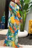 Pink Fashion Casual Print Patchwork Turndown Collar Long Sleeve Dresses