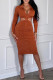 Caramel Colour Sexy Casual Solid Hollowed Out Turndown Collar Long Sleeve Dresses