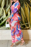 Pink Fashion Casual Print Patchwork Turndown Collar Long Sleeve Dresses
