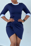 Tibetan Blue Fashion Casual Solid Bandage Patchwork O Neck Irregular Dress