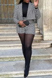 Black Fashion Casual Plaid Print Cardigan Turn-back Collar Long Sleeve Two Pieces
