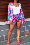 Rose Red Fashion Casual Print Bandage Cardigan Turndown Collar Long Sleeve Two Pieces