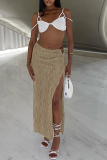 Khaki Sexy Solid High Opening Skinny Mid Waist Pencil Solid Color Bottoms