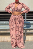 Pink Fashion Casual Print Patchwork Turndown Collar Long Sleeve Two Pieces