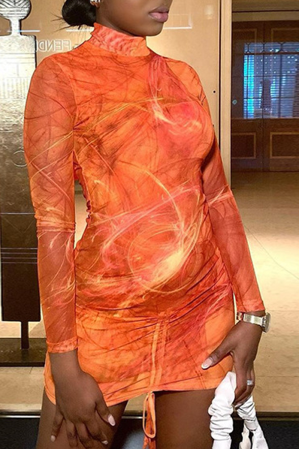 Orange Sexy Print Patchwork Half A Turtleneck Pencil Skirt Dresses